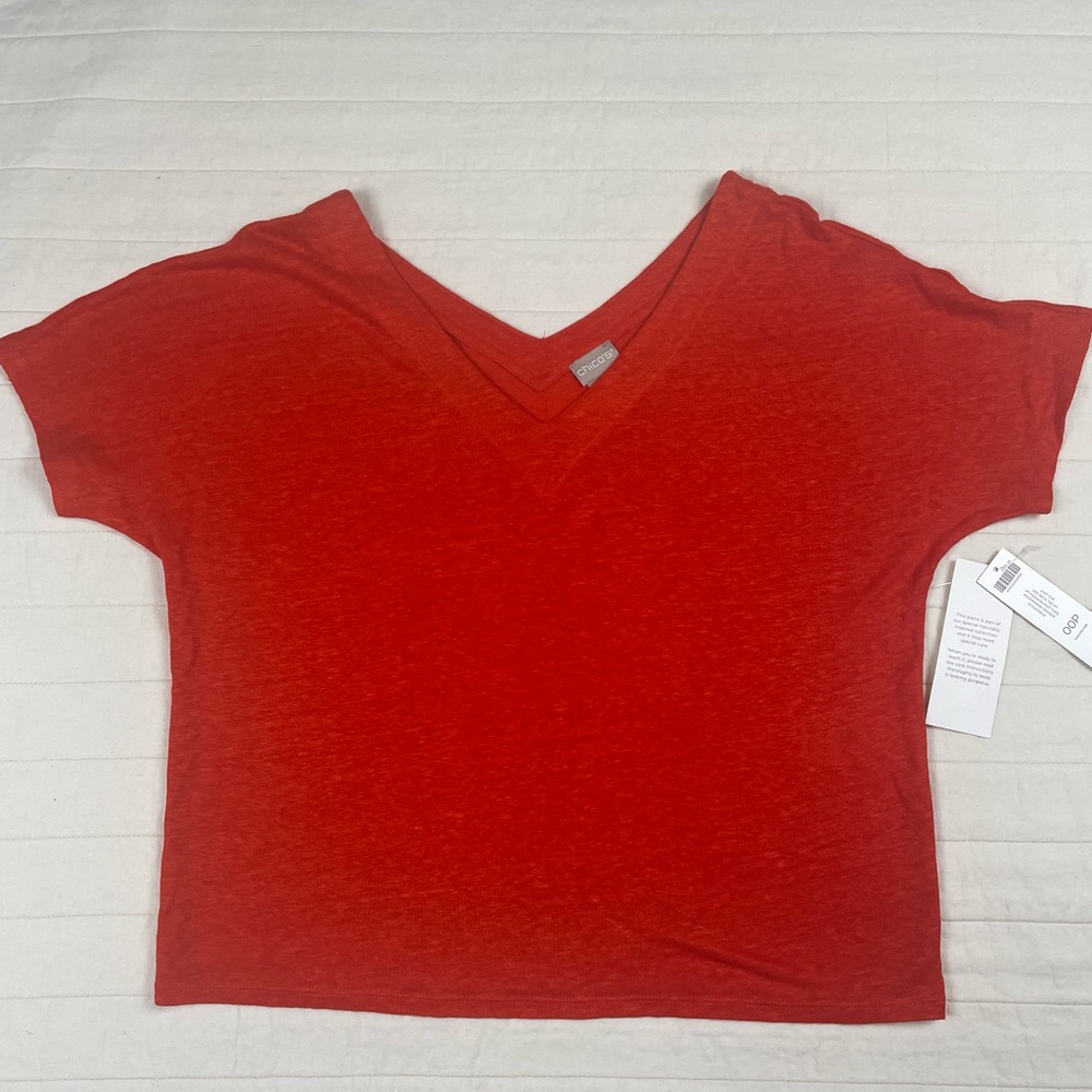 Chicos Persimmon Orange 100% Linen Cropped V-Neck T-Shirt 00P